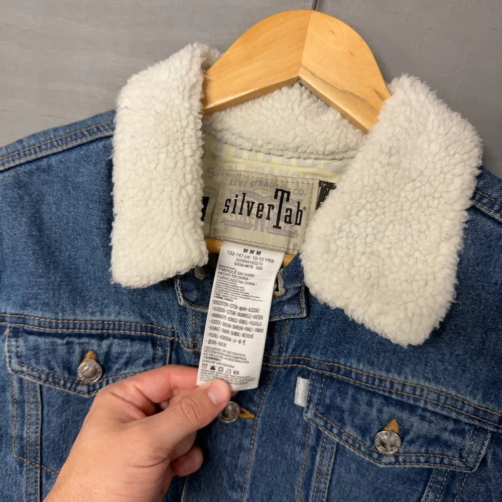 Levi's SilverTab Denim Jacket‎ Blue Sherpa Collar Trucker Kids Size M 10-12